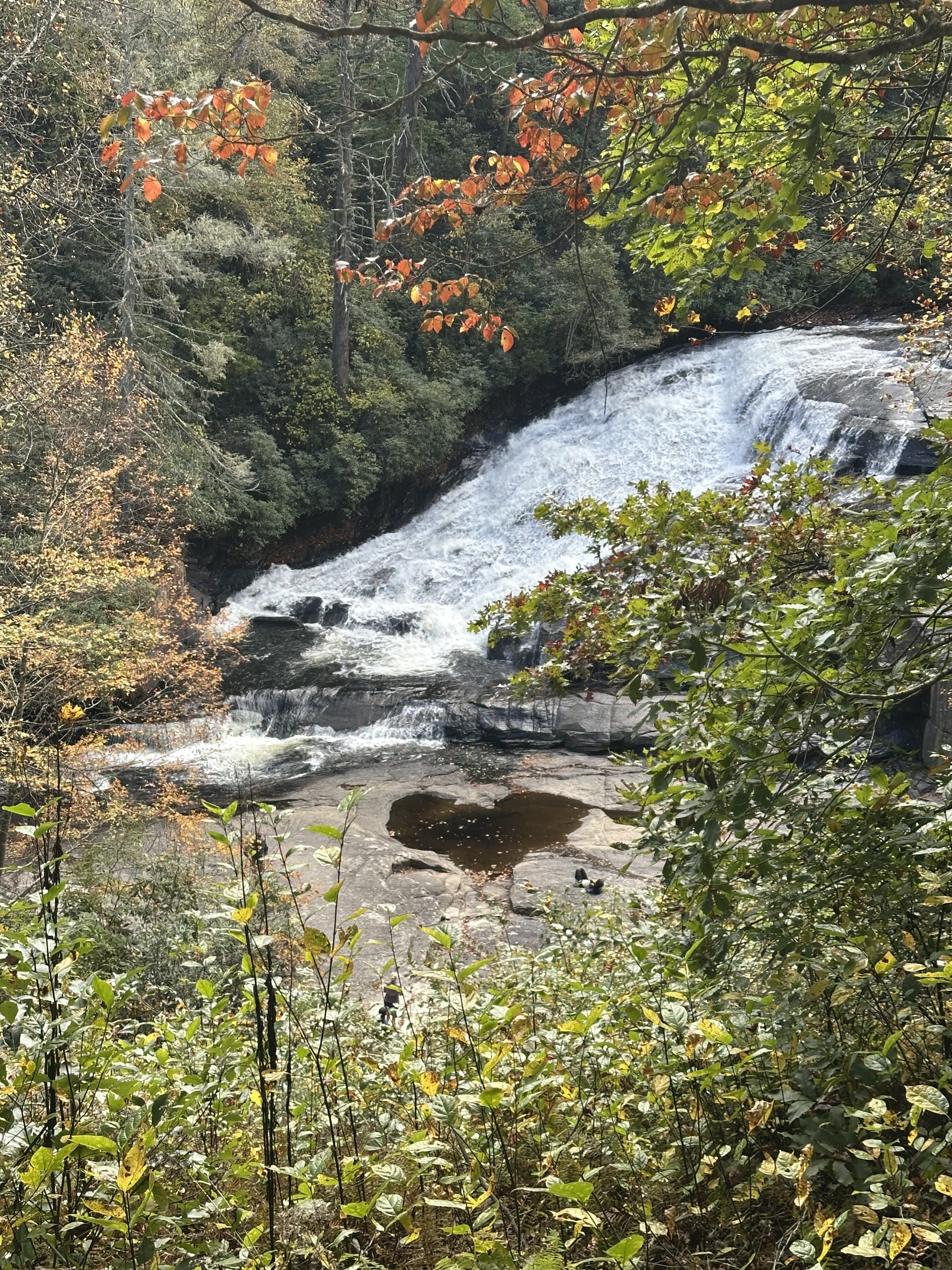 A Blue Ridge waterfall threading through autumn foliage